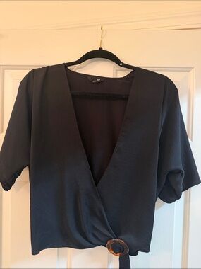 Express Black Wrap Blouse with Tortoiseshell Buckle